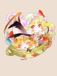 Rule 34 | 2girls, ^ ^, animal ears, artist name, beige background, black bow, blonde hair, blush, bow, bowl, braid, cat ears, cat tail, chibi, closed eyes, demon wings, dress, fangs, finger in own mouth, flandre scarlet, hair bow, handle, hat, hat bow, highres, in bowl, in container, kemonomimi mode, kirisame marisa, licking, licking finger, looking at viewer, multiple girls, red dress, red eyes, rosette (roze-ko), simple background, single braid, tail, touhou, vampire, wings, witch, witch hat