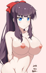 Rule 34 | 10s, 1girl, black hair, blue eyes, blush, breasts, dated, large breasts, long hair, mole, mole on breast, new game!, nipples, nishiumi yuuta, nude, out-of-frame censoring, simple background, solo, takimoto hifumi