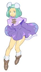Rule 34 | 1girl, :3, animal ears, brave fencer musashiden, capelet, closed mouth, dress, full body, green hair, hairband, looking at viewer, lowres, mouse ears, mouse girl, mouse tail, purple capelet, sarmat, short hair, skirt, smile, solo, tail, topo (musashiden)