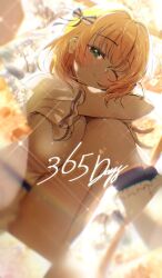 Rule 34 | 1girl, 365 days (love live!), ;), alternate breast size, aqua eyes, arms on knees, backlighting, blue ribbon, blush, breast press, breasts, closed mouth, commentary, crossed bangs, frilled sleeves, frills, from side, hair ribbon, head rest, hinoshita kaho, large breasts, link! like! love live!, looking at viewer, love live!, medium hair, one eye closed, orange hair, puffy short sleeves, puffy sleeves, ribbon, shirt, short sleeves, shouma (1026syoma), smile, solo, song name, sparkle, split mouth, striped ribbon, symbol-only commentary, thighs, two side up, virtual youtuber, white ribbon, white shirt