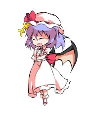 Rule 34 | 1girl, bat wings, bow, chibi, closed eyes, collar, collared dress, dairi, dress, full body, hair between eyes, hands up, hat, hat ribbon, mob cap, no shoes, open mouth, puffy short sleeves, puffy sleeves, purple hair, red bow, red ribbon, remilia scarlet, ribbon, short hair, short sleeves, simple background, smile, socks, solo, standing, tachi-e, touhou, transparent background, white background, white dress, white hat, white sleeves, white socks, wings, wrist cuffs