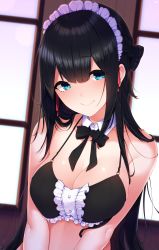 Rule 34 | 1girl, absurdres, bare arms, bare shoulders, black bow, black bowtie, black bra, black hair, blue eyes, bow, bowtie, bra, braid, breasts, cleavage, closed mouth, collarbone, commentary request, detached collar, french braid, frilled bra, frills, highres, indoors, large breasts, long hair, looking at viewer, maid, maid headdress, original, sidelocks, smile, solo, stomach, underwear, upper body, v arms, very long hair, window, yukichi (sukiyaki39)