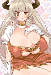 Rule 34 | 10s, 1girl, alicia (granblue fantasy), breasts, cleavage, cleavage cutout, clothing cutout, covered erect nipples, cow girl, cow horns, dress, female focus, gigantic breasts, gloves, granblue fantasy, horns, huge breasts, long hair, looking at viewer, manyuu kaeru tasuke sansei, miniskirt, open mouth, plump, pointy ears, red eyes, silver hair, sitting, skirt, smile, solo, thighs, underboob, white gloves, wide hips