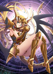 Rule 34 | 1girl, adsouto, ahoge, armor, armored boots, asia argento, ass, backlighting, black wings, blonde hair, blush, boots, breasts, cleavage, elbow gloves, floating, full body, gloves, green eyes, headpiece, high school dxd, highres, horns, knee boots, leaf, long hair, looking at viewer, medium breasts, own hands clasped, own hands together, parted bangs, pauldrons, revealing clothes, shoulder armor, signature, sky, solo, strapless, sunlight, thighs, vambraces, very long hair, wings, yellow footwear