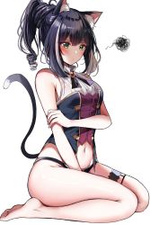 Rule 34 | 1girl, animal ear fluff, animal ears, arm between legs, black hair, black panties, blush, breasts, cat ears, cat girl, cat tail, from side, green eyes, halterneck, high collar, highres, karyl (princess connect!), long hair, medium breasts, navel, no pants, panties, princess connect!, sak (lemondisk), seiza, simple background, sitting, solo, tail, underwear, white background