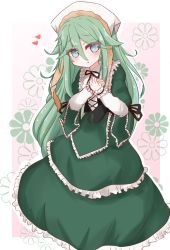 Rule 34 | 1girl, bandana, commentary request, cosplay, cowboy shot, dress, frilled shirt, frills, gothic lolita, green dress, green eyes, green hair, hair between eyes, hair ornament, hairclip, highres, kantai collection, layered sleeves, lolita fashion, long hair, long sleeves, looking at viewer, own hands together, parted bangs, ridy (ri sui), rozen maiden, shirt, short over long sleeves, short sleeves, sidelocks, solo, souseiseki, souseiseki (cosplay), very long hair, white headwear, yamakaze (kancolle)