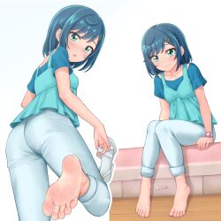 Rule 34 | 1girl, ass, barefoot, blue hair, blush, dark blue hair, delicious party precure, feet, fuwa kokone, highres, knees together feet apart, looking at viewer, medium hair, parted lips, precure, sandals, unworn sandals, shoes, unworn shoes, sitting, smile, soles, toes