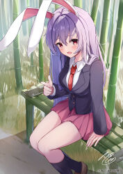 Rule 34 | 1girl, animal ears, bamboo, bamboo forest, black jacket, black socks, blazer, blush, breasts, brown footwear, collared shirt, forest, hair between eyes, highres, index finger raised, jacket, long hair, long sleeves, medium breasts, nature, necktie, niko kusa, open mouth, pink skirt, pleated skirt, purple hair, rabbit ears, red eyes, red necktie, reisen udongein inaba, shirt, shoes, sitting, skirt, smile, socks, solo, touhou, white shirt