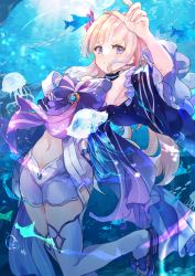 Rule 34 | 1girl, arm up, armpits, bare shoulders, blue eyes, blunt bangs, blush, bow, breasts, bubble, commentary, fish, frills, genshin impact, gloves, gradient hair, hair ornament, highres, jellyfish, koomoi, leg up, long hair, looking at viewer, midriff, multicolored hair, navel, parted lips, pink hair, purple eyes, sandals, sangonomiya kokomi, shorts, solo, thighhighs, underwater, vision (genshin impact), white gloves, white thighhighs, wide sleeves