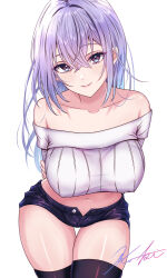 Rule 34 | 1girl, arms behind back, bare shoulders, black shorts, black thighhighs, blue hair, blush, breasts, collarbone, covered erect nipples, cropped shirt, hair between eyes, highres, idolmaster, idolmaster shiny colors, koya (koya x 00), large breasts, leaning forward, long hair, looking at viewer, micro shorts, navel, off-shoulder shirt, off shoulder, open clothes, open shorts, ribbed shirt, shirt, shorts, signature, simple background, smile, solo, stomach, suzuki hana, thigh gap, thighhighs, very long hair, white background, white shirt