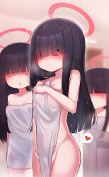 Rule 34 | 3girls, ass, black hair, blue archive, blush, breasts, closed mouth, hair over eyes, halo, heart, highres, hime cut, justice task force member (blue archive), long hair, mochikushi, multiple girls, naked towel, red eyes, red halo, small breasts, spoken heart, straight hair, towel, white towel