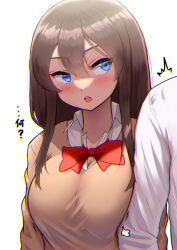 Rule 34 | 1boy, 1girl, :o, blush, bow, bowtie, breasts, brown hair, brown sweater, collared shirt, gradient background, grey background, large breasts, long hair, long sleeves, looking at another, looking to the side, maku ro, open mouth, original, red bow, red bowtie, shirt, sidelocks, solo focus, sweater, translation request, upper body, white shirt