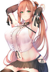 Rule 34 | 1girl, absurdres, alternate costume, armpits, arms behind head, black ribbon, black skirt, black thighhighs, blouse, blush, breasts, brown hair, buttons, chixiao, collar, covered erect nipples, detached sleeves, frills, girls&#039; frontline, gloves, green eyes, groin, hair between eyes, hair ribbon, hair rings, highres, hip vent, large breasts, long hair, looking at viewer, maid, maid headdress, miniskirt, navel, panties, pleated skirt, ponytail, ribbon, seiza, shirt, side-tie panties, sidelocks, simple background, sitting, skindentation, skirt, smile, solo, springfield (girls&#039; frontline), stomach, thighhighs, thighs, tying hair, underwear, white background