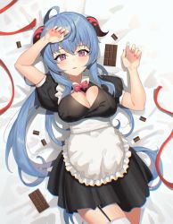 Rule 34 | 1girl, absurdres, ahoge, apron, bad id, bad pixiv id, black dress, blue hair, breasts, chocolate, cleavage, clothing cutout, commentary, cowboy shot, dress, ganyu (genshin impact), garter straps, genshin impact, hair between eyes, highres, horns, large breasts, long hair, looking at viewer, lying, maid, nail polish, neil (neil nim), on back, open mouth, pink nails, puffy short sleeves, puffy sleeves, purple eyes, short sleeves, solo, thighhighs, valentine, very long hair, waist apron, white thighhighs, zettai ryouiki