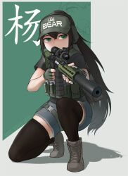 Rule 34 | 1girl, absurdres, assault rifle, black thighhighs, blue eyes, denim, denim shorts, escape from tarkov, gogo (gogo 23), gun, headset, highres, holding, holding weapon, load bearing vest, long hair, m4 carbine, on one knee, ponytail, print headwear, rifle, scope, shadow, shorts, sidelocks, solo, squatting, suppressor, tactical clothes, thighhighs, visor cap, weapon