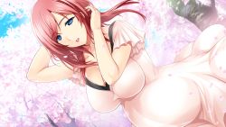 Rule 34 | 1girl, arima shiori, arms up, blue eyes, breasts, cleavage, cowboy shot, day, dress, dutch angle, floating hair, game cg, heartful maman, jewelry, large breasts, lips, lipstick, long dress, long hair, looking at viewer, makeup, onigirikun, outdoors, parted lips, petals, pregnant, red hair, red lips, ring, short sleeves, solo, standing, tree, wedding ring, wind