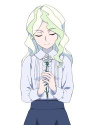 Rule 34 | 1girl, blonde hair, blouse, carnation, closed eyes, commentary, diana cavendish, flower, holding, holding flower, little witch academia, mother&#039;s day, multicolored hair, shirt, solo, two-tone hair, white background, white carnation, white flower