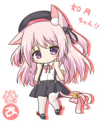 Rule 34 | 1girl, animal ear fluff, animal ears, azur lane, bell, beret, black bow, black footwear, black hat, black skirt, blonde dog girl (ri-net), blush, bow, cat ears, cat girl, cat tail, chibi, closed mouth, collared shirt, colored shadow, dress shirt, drop shadow, full body, hair bow, hands up, hat, jingle bell, kisaragi (azur lane), kisaragi (retrofit) (azur lane), long hair, looking at viewer, neck ribbon, pantyhose, pink bow, pink hair, pleated skirt, purple eyes, red ribbon, retrofit (azur lane), ri-net, ribbon, rudder footwear, shadow, shirt, shoes, short sleeves, skirt, solo, striped, striped bow, suspender skirt, suspenders, tail, tail bell, tail bow, tail ornament, translation request, very long hair, white pantyhose, white shirt