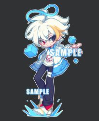 Rule 34 | 1boy, black background, black pants, blonde hair, blue eyes, cube, finger gun, full body, halo, hand in pocket, heterochromia, highres, hood, hooded jacket, jacket, long sleeves, looking to the side, multicolored hair, open clothes, open jacket, original, outstretched arm, pants, red eyes, sample watermark, shirt, short hair, smile, solo, streaked hair, watermark, white footwear, white hair, white jacket, white shirt, xianyudian laoban