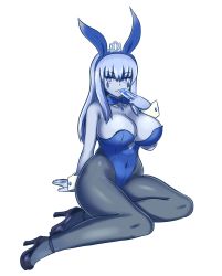 Rule 34 | 1girl, alternate costume, animal ears, arm up, bare arms, bare shoulders, black footwear, black pantyhose, blue eyes, blue hair, blue leotard, blue pupils, blue skin, blush, breasts, card, closed mouth, colored skin, covered navel, crown, curvy, diamond (shape), elemental (creature), facial mark, fake animal ears, female focus, full body, high heels, highres, holding, holding card, ice elemental, ice queen (monster girl encyclopedia), kneeling, large breasts, leotard, long hair, looking at viewer, mini crown, monster girl encyclopedia, nav (itsnav), navel, pantyhose, playboy bunny, rabbit ears, shoes, simple background, sitting, smile, solo, stomach, thick thighs, thighs, white background, wrist cuffs