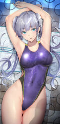 Rule 34 | 1girl, absurdres, aqua eyes, armpits, arms up, blue one-piece swimsuit, breasts, commentary request, competition swimsuit, covered navel, cowboy shot, gentsuki, grey hair, highleg, highleg swimsuit, highres, kimi omou koi, kuroe (kimi omou koi), large breasts, long hair, looking at viewer, lying, on back, one-piece swimsuit, parted lips, solo, swimsuit, thighs, twintails