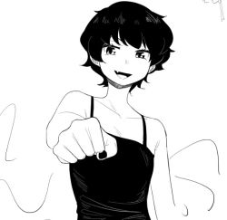 Rule 34 | 1girl, bare shoulders, black camisole, black nails, camisole, collarbone, fang, fist bump, frogsnake, greyscale, houjuu nue, looking at viewer, monochrome, nail polish, open mouth, short hair, smile, solo, touhou, upper body, wavy hair, wings