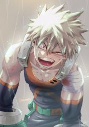 Rule 34 | 1boy, bakugou katsuki, bandaged arm, bandages, bare shoulders, belt, black bodysuit, blonde hair, blood, bloody bandages, bodysuit, boku no hero academia, commentary, green belt, grey background, highres, looking at viewer, making-of available, male focus, open mouth, pectoral cleavage, pectorals, rain, red eyes, short hair, signature, solo, spiked hair, teeth, tomomin 1129, water