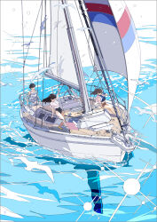 Rule 34 | 3girls, bird, boat, edoya inuhachi, highres, multiple girls, ocean, original, scenery, watercraft