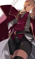Rule 34 | 1girl, bike shorts, blonde hair, breasts, cape, deadpan, drill hair, erika wagner, hand on own hip, hyakuhachi (over3), long hair, red eyes, small breasts, solo, thighhighs, twin drills, twintails, under night in-birth, white background, zettai ryouiki