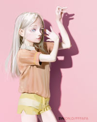 Rule 34 | 1girl, absurdres, albino, artist name, bad id, bad pixiv id, child, colored eyelashes, cowboy shot, from side, grey eyes, hair behind ear, hands up, highres, long hair, looking away, orange shirt, original, parted lips, pink background, shadow, shirt, short shorts, short sleeves, shorts, simple background, solo, standing, straight hair, sweetonedollar, white hair, yellow shorts