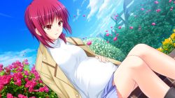 Rule 34 | 10s, 1girl, angel beats!, boots, breasts, building, cloud, day, dutch angle, flower, game cg, hand on own stomach, iwasawa masami, jacket, na-ga, official art, open clothes, open jacket, outdoors, park, petals, pink hair, pregnant, red eyes, rose, scenery, short hair, sitting, skirt, sky, solo
