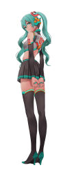 Rule 34 | 1girl, absurdres, aqua hair, arms behind back, back, back-seamed legwear, bare shoulders, blue eyes, blue hair, boots, female focus, from behind, full body, green eyes, hatsune miku, headphones, high heels, highres, legs, looking at viewer, looking back, manbou (manvow), matching hair/eyes, midriff, nail polish, science fiction, seamed legwear, shoes, skirt, solo, thigh boots, thighhighs, twintails, vocaloid