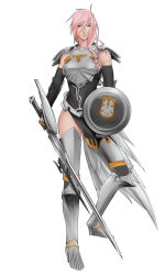 Rule 34 | 10s, 1girl, armor, breasts, female focus, final fantasy, final fantasy xiii, final fantasy xiii-2, full body, gunblade, highres, lightning farron, pink hair, pteruges, shield, simple background, solo, weapon, white background