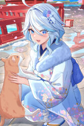 Rule 34 | 1girl, blue eyes, cat, furina (genshin impact), genshin impact, highres, japanese clothes, kimono, long sleeves, medium hair, mitsukayurie, new year, open mouth, outdoors, smile, solo