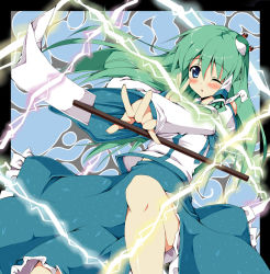 Rule 34 | 1girl, album cover, blue eyes, blush, cover, detached sleeves, female focus, foreshortening, frog, green hair, hair ornament, japanese clothes, kochiya sanae, lightning, long hair, outstretched arm, piromizu, snake, solo, touhou, wince