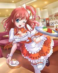 Rule 34 | 1girl, ;d, anna miller, bad id, bad pixiv id, blue eyes, breasts, brown hair, chaki-yam, cleavage, food, latte art, omelet, omurice, one eye closed, open mouth, orange skirt, original, side ponytail, skirt, smile, solo, table, thighhighs, waitress, white thighhighs, wink