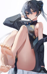 Rule 34 | 1girl, absurdres, ass, barefoot, black dress, black gloves, black hair, black shirt, black sleeves, blue archive, blue eyes, blush, china dress, chinese clothes, collared dress, dragon print, dress, expressionless, full body, gloves, hair bun, hand on own face, highres, kisaki (blue archive), knees up, long sleeves, looking at viewer, open clothes, open shirt, parted lips, print dress, rosu 1109, shirt, sidelocks, simple background, single bare shoulder, sitting, sleeveless, sleeveless dress, solo, twintails, white background