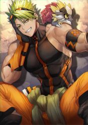 Rule 34 | 1boy, abs, absurdres, achilles (fate), baggy pants, bara, bare shoulders, clothes around waist, covered abs, fate/apocrypha, fate/grand order, fate (series), goggles, goggles on head, green hair, grin, highres, jacket, jacket around waist, large pectorals, male focus, muscular, muscular male, none (kameko227), official alternate costume, orange pants, pants, pectorals, shirt, short hair, sidepec, sitting, sleeveless, sleeveless shirt, smile, solo, spiked hair, taut clothes, taut shirt, teeth, yellow eyes
