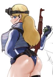 Rule 34 | absurdres, ass, explosive, grenade, gun, highres, kolin, one-piece swimsuit, street fighter, swimsuit, tactical clothes, weapon