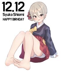 Rule 34 | 1girl, aa211108, alternate costume, arm support, bare legs, barefoot, bloomers, blush, character name, dated, feet, grey hair, hair bun, hanbok, happy birthday, highres, idolmaster, idolmaster cinderella girls, korean clothes, legs, looking at viewer, shiomi syuko, simple background, single side bun, sitting, smile, soles, solo, toes, underwear, white background, white bloomers