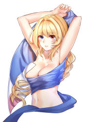Rule 34 | 1girl, absurdres, aer (tengqiu), arm behind head, armpits, arms up, banner, blonde hair, blue eyes, blush, braid, breasts, cleavage, collarbone, flag, heterochromia, highres, jeanne d&#039;arc (warship girls r), long hair, looking at viewer, navel, parted lips, red eyes, simple background, solo, upper body, warship girls r, white background