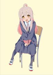 Rule 34 | 1girl, ahoge, blazer, blush, brown eyes, chair, collared shirt, commentary request, full body, genderswap, genderswap (mtf), grey hair, jacket, long hair, looking at viewer, multicolored hair, neck ribbon, onii-chan wa oshimai!, open mouth, oyama mahiro, pantyhose, pink hair, ribbon, school uniform, shirt, shoes, simple background, sitting, skirt, smile, sody, solo, two-tone hair, uwabaki, v arms, yellow background