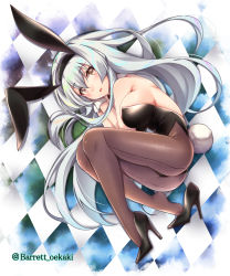 Rule 34 | 1girl, animal ears, baretto (firearms 1), black footwear, black leotard, brown eyes, brown pantyhose, checkered background, commentary request, detached collar, fake animal ears, feet, fetal position, from above, high heels, kantai collection, leotard, long hair, looking at viewer, lying, on side, pantyhose, playboy bunny, pumps, rabbit ears, rabbit girl, rabbit tail, shoe dangle, shoes, shoukaku (kancolle), silver hair, smile, solo, stiletto heels, tail, twitter username, wrist cuffs