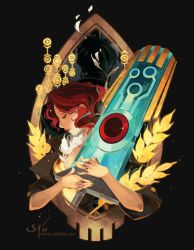 Rule 34 | 1girl, animated, animated gif, art nouveau, glowing, holding, holding sword, holding weapon, huge weapon, jewelry, ornate ring, red (transistor), red hair, ring, solo, sword, the transistor, transistor (game), weapon, zetallis