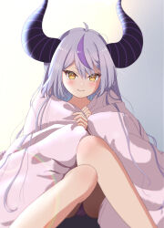 Rule 34 | 1girl, absurdres, ahoge, blanket, blush, closed mouth, commentary request, demon girl, demon horns, feet out of frame, gradient background, grey background, grey hair, highres, hololive, horns, knees up, la+ darknesss, lens flare, long hair, looking at viewer, mimo (mimo illust), multicolored hair, panties, pantyshot, purple hair, purple horns, purple panties, simple background, sitting, smile, solo, streaked hair, striped horns, tsurime, underwear, virtual youtuber