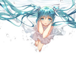 Rule 34 | 1girl, aqua eyes, aqua hair, bison cangshu, bubble, dress, hair ribbon, hatsune miku, highres, long hair, looking at viewer, ribbon, solo, submerged, twintails, underwater, very long hair, vocaloid, white background, white dress