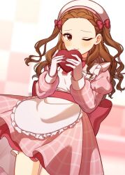 Rule 34 | 1girl, apron, blurry, blurry background, blush, bow, bowtie, box, braid, breasts, brown hair, closed mouth, cowboy shot, dot nose, dress, forehead, frilled apron, frills, hair bow, hair ribbon, hands up, hat, heart-shaped box, highres, holding, holding box, idolmaster, idolmaster cinderella girls, idolmaster cinderella girls starlight stage, long hair, long sleeves, looking at viewer, mmmakaron888, one eye closed, pink bow, pink bowtie, pink dress, pink ribbon, plaid, plaid dress, puffy long sleeves, puffy sleeves, red eyes, ribbon, seki hiromi, small breasts, smile, solo, standing, waist bow, wavy hair, white apron