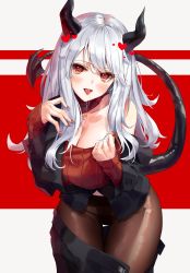 Rule 34 | 1girl, absurdres, alternate hair length, alternate hairstyle, bad id, bad pixiv id, black horns, black jacket, black panties, black pantyhose, black skirt, blush, breasts, cleavage, clothes pull, collarbone, demon girl, demon horns, demon tail, fingernails, heart, heart-shaped pupils, helltaker, highres, horns, jacket, large breasts, leaning forward, long hair, long sleeves, looking at viewer, modeus (helltaker), nail polish, open clothes, open jacket, panties, panties under pantyhose, pantyhose, pantyhose pull, poharo, red eyes, red nails, red sweater, saliva, sharp fingernails, skirt, skirt pull, sleeves past wrists, solo, sweater, symbol-shaped pupils, tail, tongue, tongue out, underwear, white hair