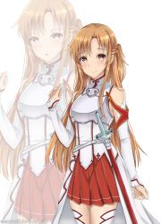 Rule 34 | 1girl, absurdres, asuna (sao), asymmetrical bangs, braid, brown hair, collared shirt, commentary, detached sleeves, deviantart username, emarex96, english commentary, french braid, hand up, highres, knights of blood uniform (sao), lambent light, long hair, looking at viewer, pleated skirt, projected inset, rapier, red skirt, sheath, sheathed, shirt, short ponytail, skirt, sleeveless, sleeveless shirt, smile, sword, sword art online, weapon, white shirt, white sleeves