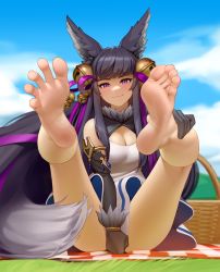 Rule 34 | 1girl, absurdres, animal ears, bare legs, barefoot, bell, blanket, blue sky, blurry, blurry background, bracelet, breasts, cleavage cutout, clothing cutout, commentary, covering privates, covering crotch, dress, dress tug, elbow gloves, english commentary, feet, foot focus, foreshortening, fox ears, fox tail, fur trim, gloves, granblue fantasy, grass, hair bell, hair ornament, hair ribbon, highres, jewelry, jingle bell, kairunoburogu, legs, legs up, looking at viewer, medium breasts, picnic basket, purple eyes, purple ribbon, ribbon, shadow, sidelocks, sitting, sky, smile, soles, solo, spread toes, tail, thighs, toes, white dress, yuel (granblue fantasy)
